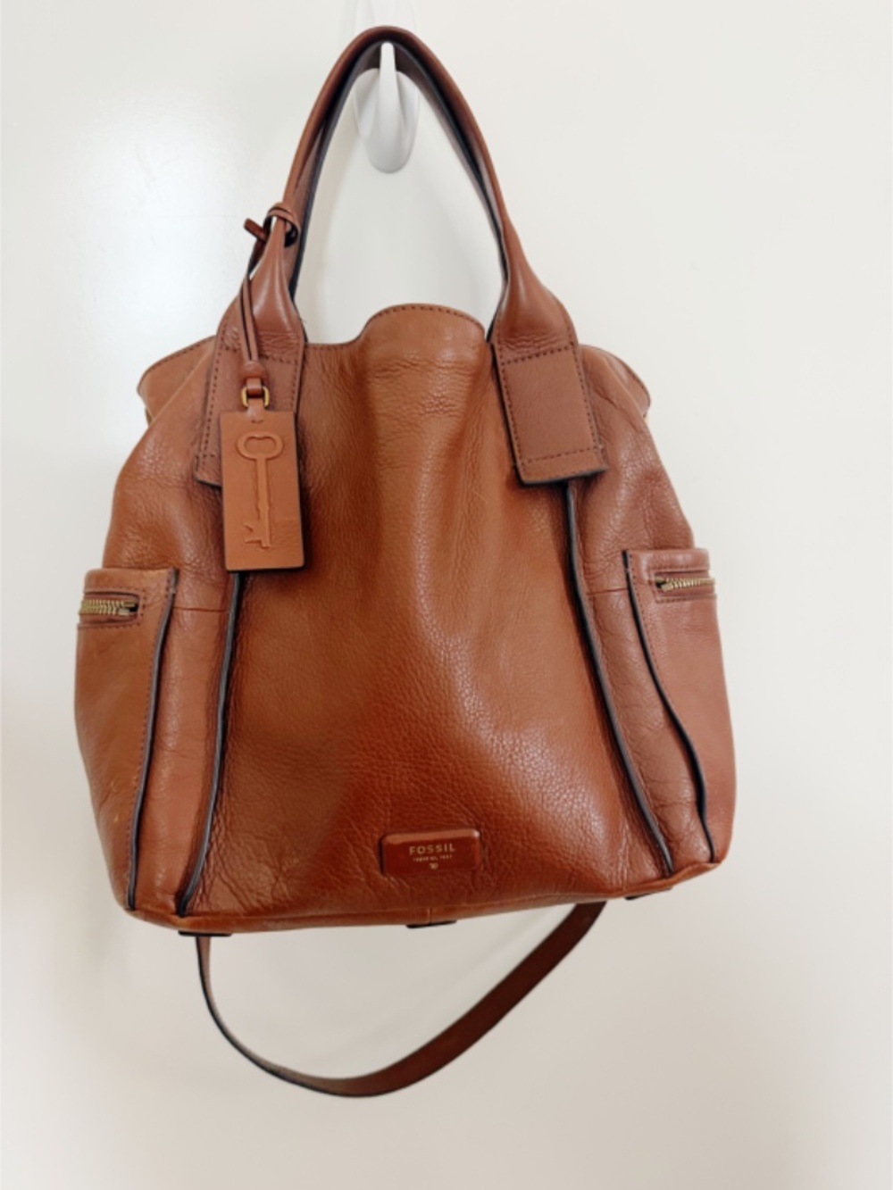 Fossil Emerson Medium Pebbled Leather Satchel Handbag Cognac/Brown - Picture 3 of 14